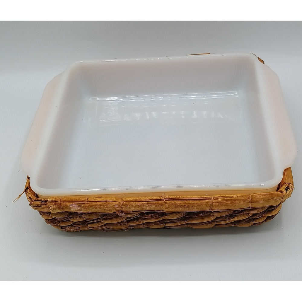 Vintage Anchor Hocking Fire King USA 8x8 Glass Casserole Dish & Serving Basket.